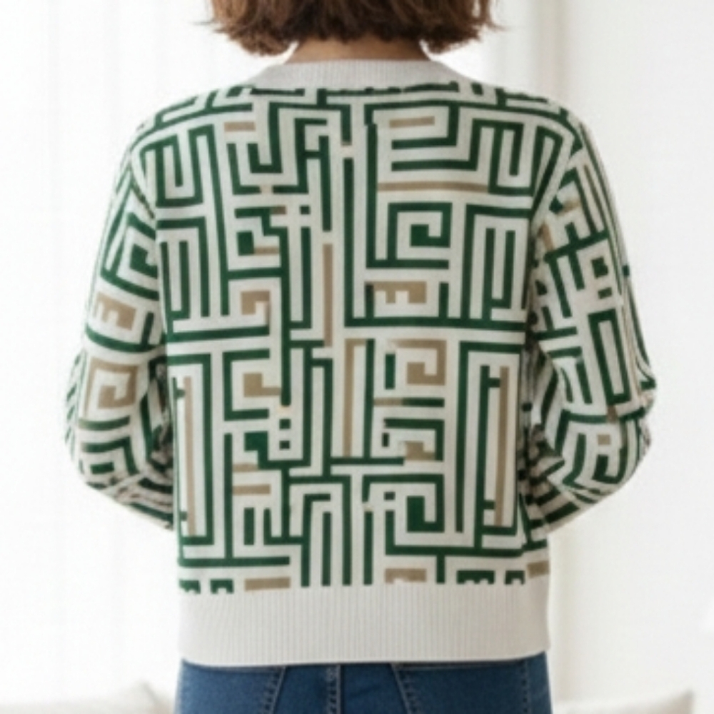 Geometric Pattern Cardigan with Gold Buttons - Picture 2 of 2